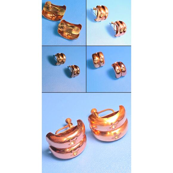 Light Weight Vintage Copper Screwback Clip-On Earrings with Rhinestone Accents - Picture 2 of 7